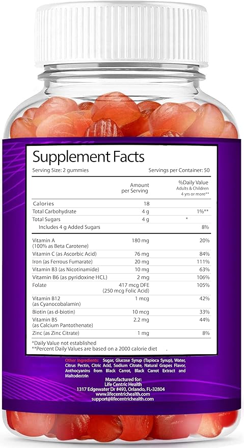 LifeCentricHealth Iron Gummies for Adults & Kids | Biotin Zinc Vitamin B Folic Acid Gummies | Vegan Gluten Free for Women & Men