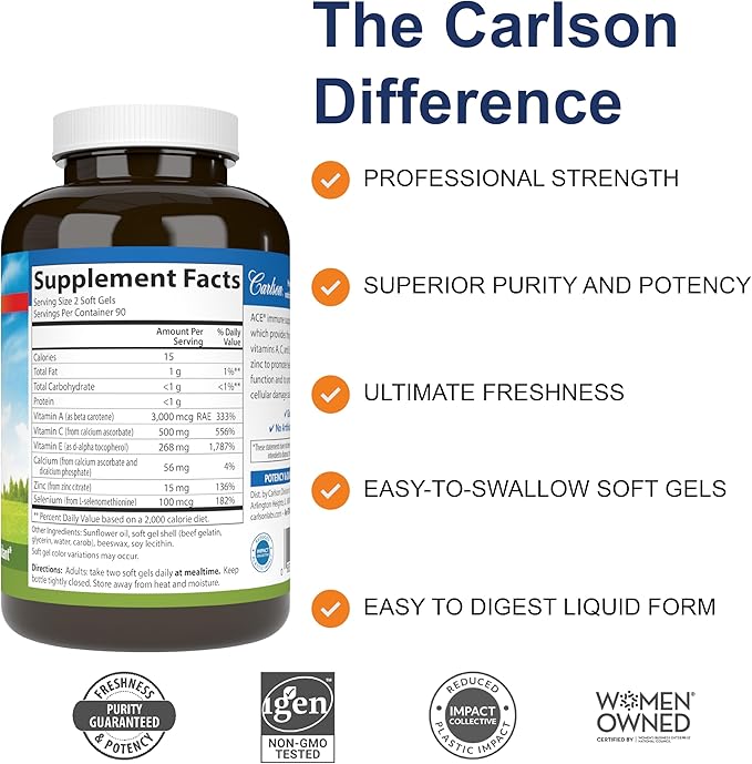 Carlson - ACES + Zn, Vitamins A, C, E + Selenium & Zinc, Cellular Health & Immune Support, Antioxidant, 180 Softgels