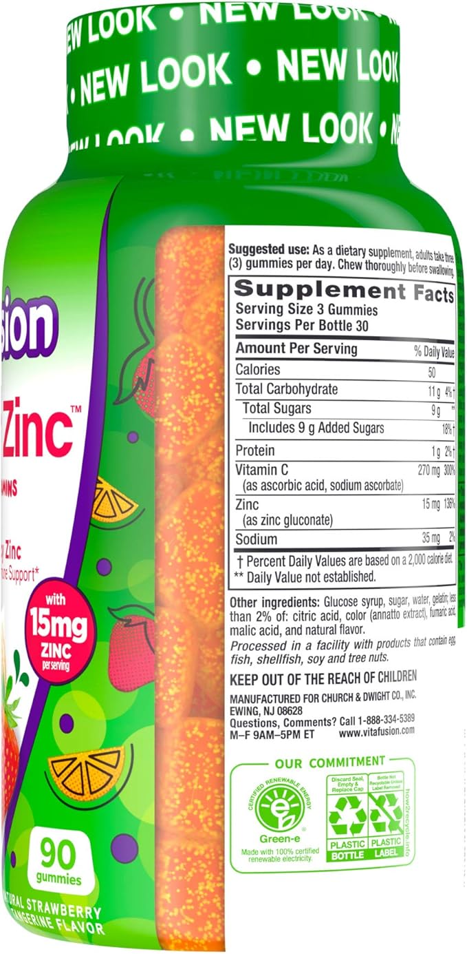 Vitafusion Power Zinc Gummy Vitamins, Strawberry Tangerine Flavored Immune Support (1), 90 Count (Pack of 2)