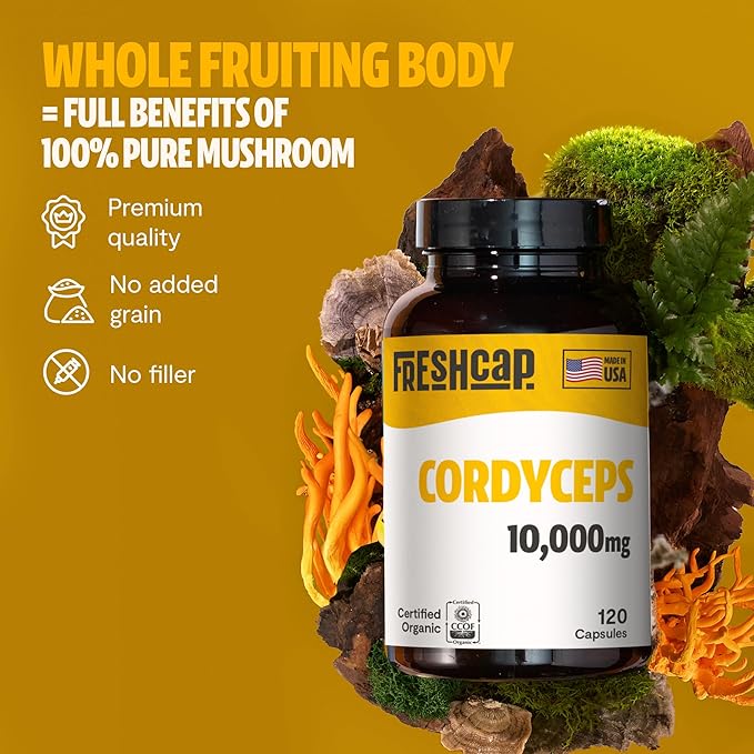 FreshCap Cordyceps Mushroom Capsules 10,000mg - Cordyceps Extract Mushroom Supplement, Mushroom Extract, Energy Supplements, Ayurveda Nootropic Mushroom Supplements (120 Capsules)