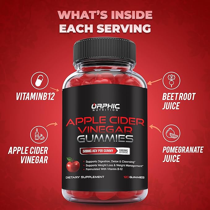 Apple Cider Vinegar Gummies - 1000mg - Formulated to Support Normal Energy Levels & Gut Health - Supports Digestion, Detox & Cleansing - ACV Gummies W/VIT B12, Beetroot (120 Gummies)