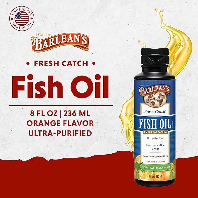 Barlean's Omega 3 Fish Oil Supplement, Liquid EPA and DHA Fatty Acid Supplements Support, High Potency Orange Flavored, 8 oz