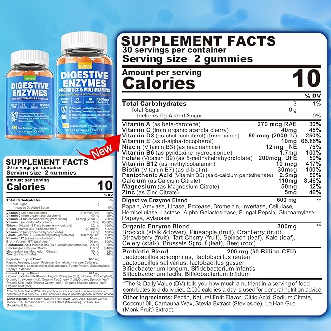 1Pack Digestive Enzymes with Probiotic Gummies, Multivitamins, Calcium, Magnesium - All 24 Essential Chewable Multi Enzymes - Papaya, Lipase, Amylase, Bromelain - Breaking Down Carbs, Proteins, Fats