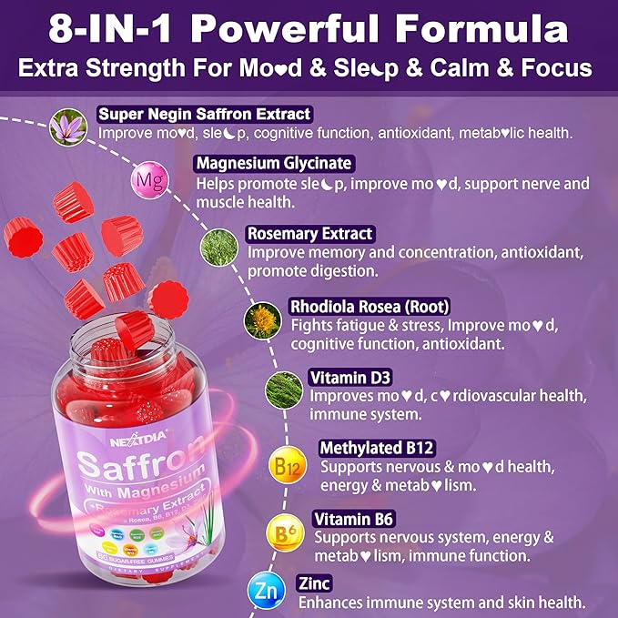 Saffron Supplements Gummies - 4 Months Supply - Saffron Extract 177mg 88.5mg, w/Magnesium Glycinate 400mg 200mg, Rhodiola Rosea, Rosemary, B6 B12 D3 for Calm, Nerve, Rest, Focus, Sugar-Free, 2 Pack