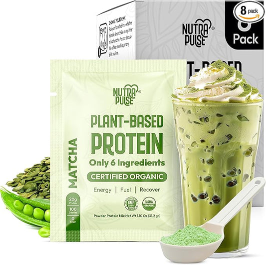 Organic Vegan Protein Powder Sample Pack - Plant-Based Protein, Gluten-Free, Non GMO, 20g Protein Per Serving, Great for Smoothies & Shakes (Matcha, Pack of 8)