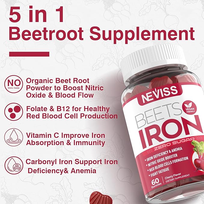 Beet Root Gummies with Iron, Methyl B12, Folate, Vitamin C, Increase Nitric Oxide & Iron Levels, Energy Support, Fight Fatigue, Beetroot & Gentle Iron Supplement for Women Men, Sugar Free, 120 Counts