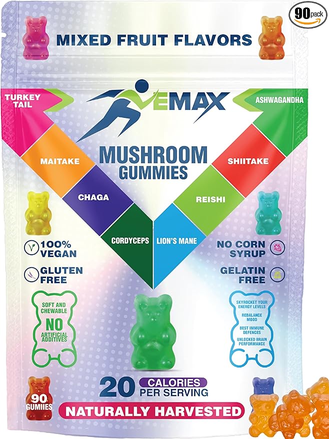 Ashwagandha and Lions Mane Mushroom Gummies for Adults - Organic - Reishi, Maitake, Chaga, Cordyceps, Shiitake, Turkey Tail - Immune Support, Memory, Focus and Energy -Vegan Mushroom Supplement Gummy