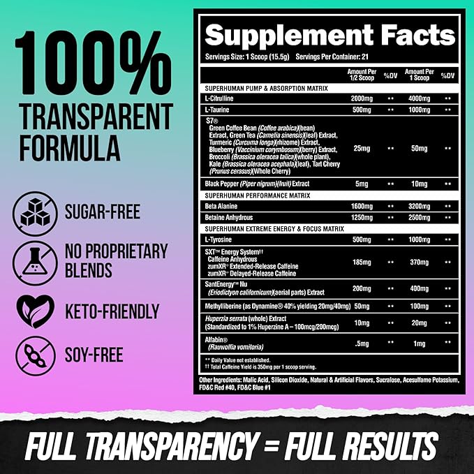 ALPHA LION Superhuman Extreme High Stim Pre Workout Powder, Beta Alanine, L-Taurine & 356mg Tri-Source Caffeine for Sustained Energy, Nitric Oxide & Citrulline for Pump (21 Servings, Grape Flavor)