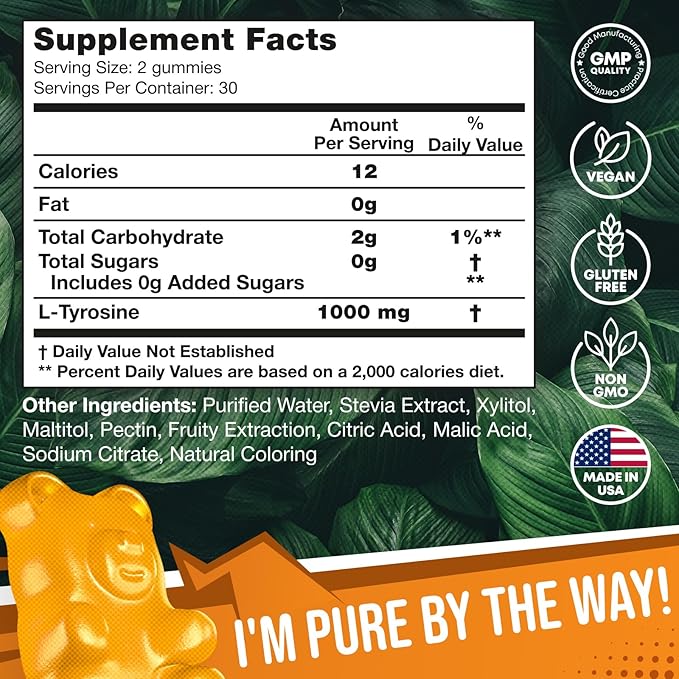 2 Pack - JOYLI L-Tyrosine Gummies 1000MG – Sugar-Free Vegan Focus Supplement & Mood Support Gummies for Kids & Adults – 500mg Per Gummy – Sleep Gummies for Memory, Energy & Wellness – 60 Pcs per Pack