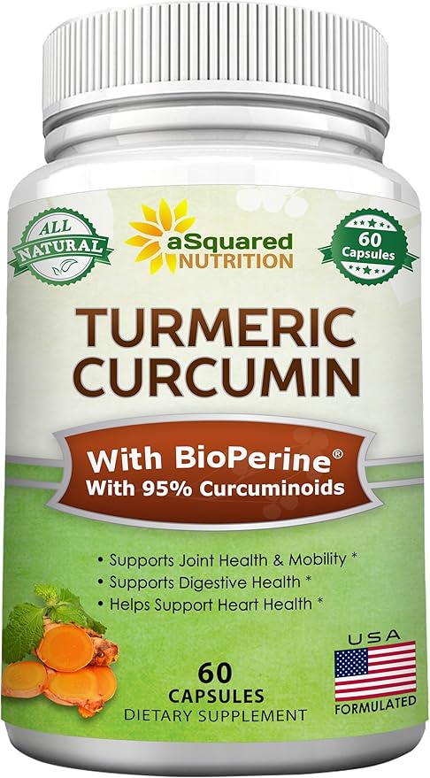 aSquared Nutrition Turmeric Curcumin 1300mg with BioPerine Black Pepper Extract Supplement - 60 Capsules - with 95% Curcuminoids - Natural Tumeric Root Powder Joint Pills