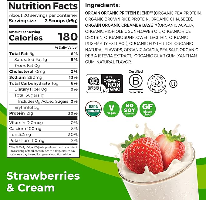 Orgain Organic Vegan Protein Powder, Strawberries & Cream - 21g Plant Based Protein, 4g Prebiotic Fiber, Low Net Carb, No Lactose Ingredients, No Added Sugar, Non-GMO, For Shakes & Smoothies, 2.03 lb