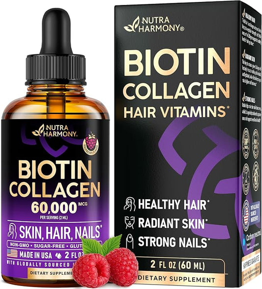 Liquid Biotin & Collagen - Vitamins for Hair Growth Support for Women & Men - Extra Strength 60000 mcg Drops - B7 Supplement - Strong Nails & Healthy Skin - 98% Faster Absorption Than Pills