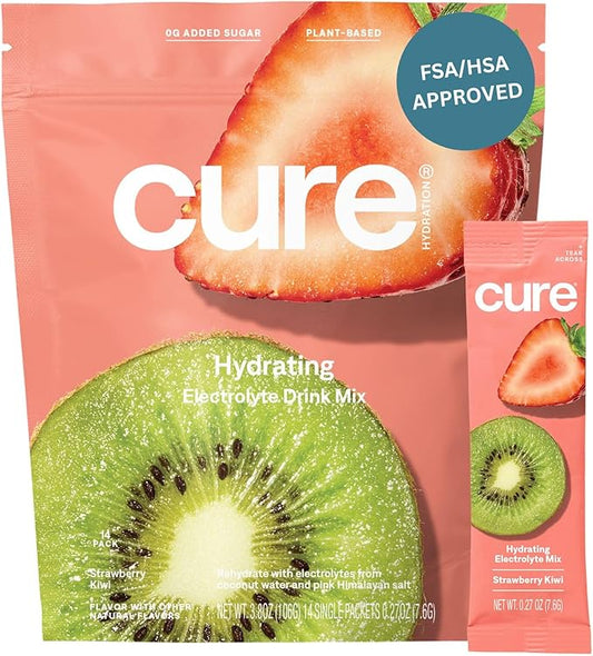 Cure Hydration | Plant-Based Electrolyte Drink Mix | No Added Sugar | FSA & HSA | Dehydration Relief Powder Made with Coconut Water | Non-GMO | Vegan | Pouch of 14 Packets - Strawberry Kiwi