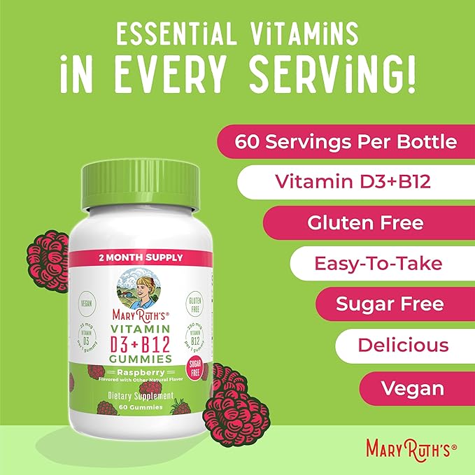 MaryRuth Organics Sugar Free | 2 Month Supply | Vitamin D & B12 Vitamin Supplements for Adults & Kids | Bone Health | Immune Support | Vegan | Non-GMO | 60 Servings
