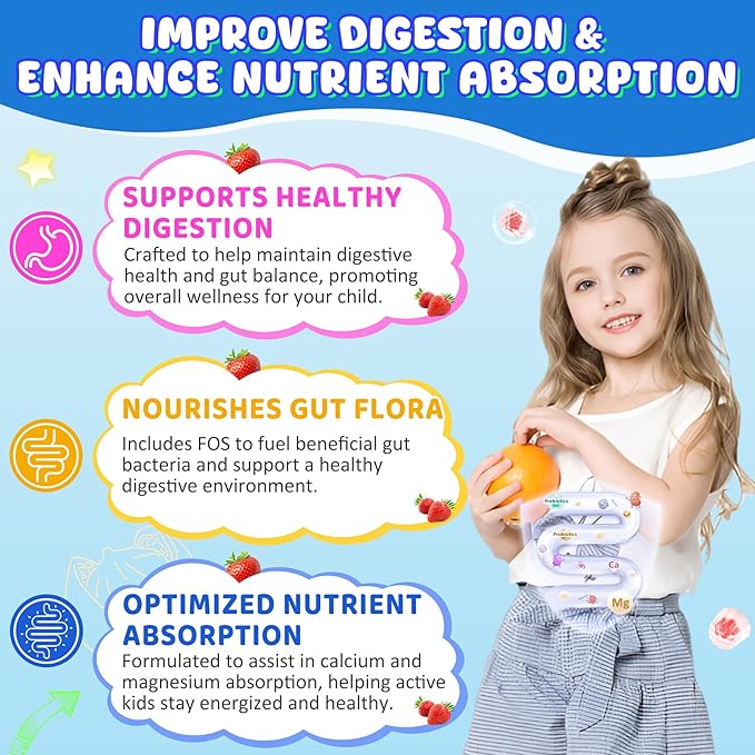 Kids Calcium Gummies + D3 & Magnesium for 4+, with Calcium Citrate Calcium Gluconate, Calcium Lactate, Probiotics & Prebiotics for Children Bone Health,Muscle Support,Digestive Health,Sugar Free 60Cts