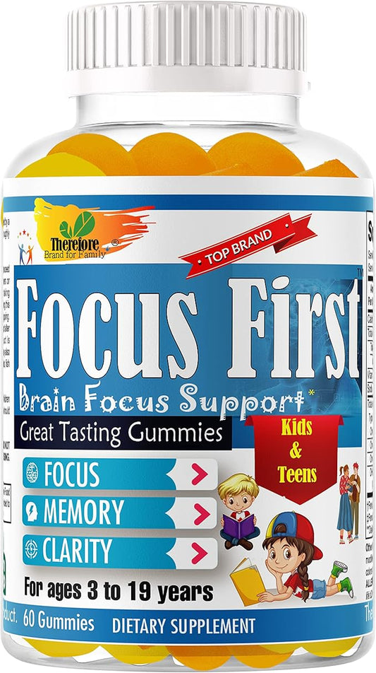 Focus First Kids Focus Support Gummies, Kids Brain Booster Focus Vitamins for Kids, Memory Booster Gummies for Brain with DHA/EPA Omega 3 6 9-60ct