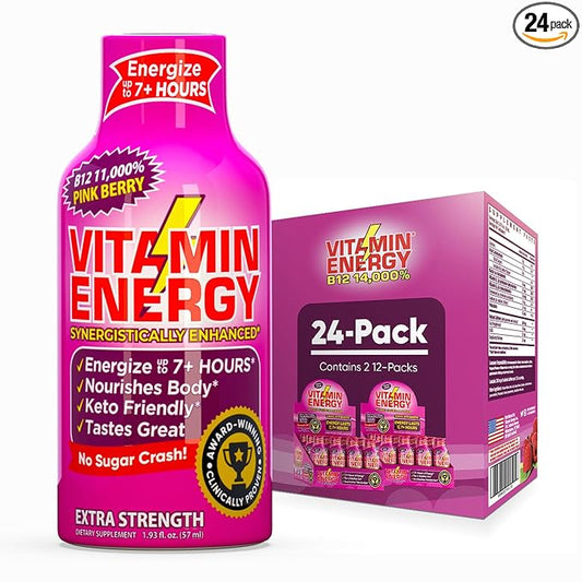 Vitamin Energy B12 11,000% Extra Strength Energy Shot Pink Berry 24 Pack, 260mg Natural Caffeine, B12 & B6, Nootropic Focus, Vitality, Zero Sugar, Gluten-Free, Vegan, Kosher, 1.93 fl oz