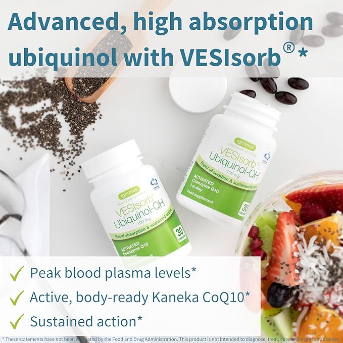 Igennus Advanced VESIsorb Ubiquinol 100mg 90 Softgels, 600% Bioavailability, Fast-Acting Water-Soluble Coenzyme Q10 Supplement for Energy & Heart, 3-Month Supply
