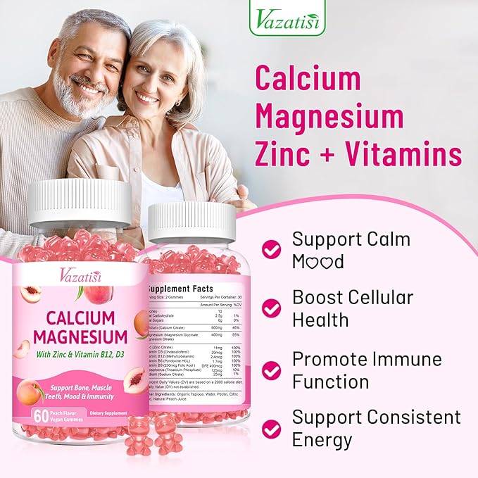 Calcium Magnesium Zinc Gummies with Vitamin D3 B12, Calcium Supplements for Women Men, Support Immunity, Peach Flavor 60 Cts