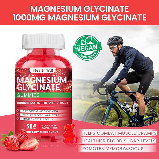 Magnesium Glycinate Gummies 1000mg, High Absorption Sugar Free Magnesium Potassium Supplement for Relaxation, Stress Relief, and Sleep Support for Adults & Kids - 90 Strawberry Gummies