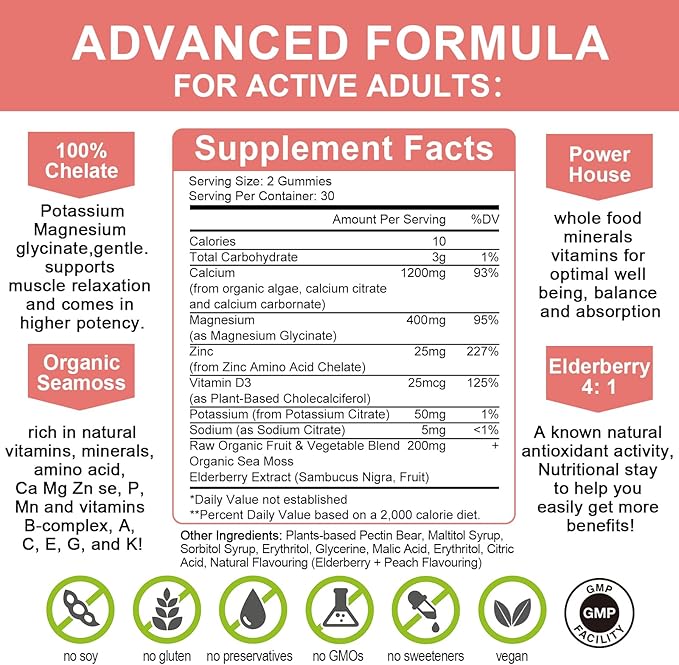 Calcium Gummies with D3,Zinc - Plant Complex Calcium Magnesium Supplement with Glycinate,Potassium,Vitamin C &Whole Natural Food for Bone & Immune Support- 60 Chewable Gummy Sugar-Free