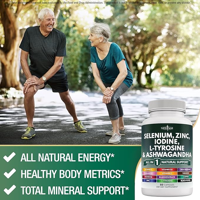 NEW AGE Selenium, Zinc, Iodine, L Tyrosine, Ashwagandha - Supplement for Women and Men with Bladderwrack, Turmeric, Silica Kelp, Schisandra - 120 Count