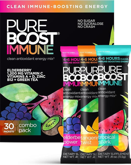 Pureboost Immune Clean Energy Booster, Refreshing Energy Drink Mix and Immunity Supplement with Elderberry, 1,200 mg Vitamin C, Vitamins A + D, and Zinc. Sugar-Free Energy (Combo Pack, 30 Count)
