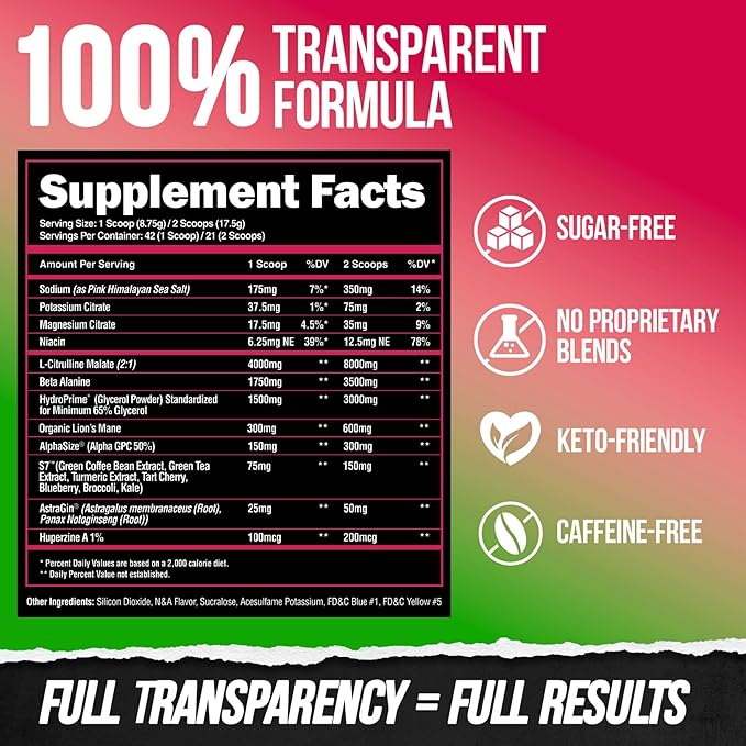 ALPHA LION Superhuman Pump Pre Workout Powder, Caffeine Free & Stim Free Preworkout Supplement, Nitric Oxide Booster, Muscle Gainer, Energy & Focus (42 Servings, Muscle Melon Flavor)