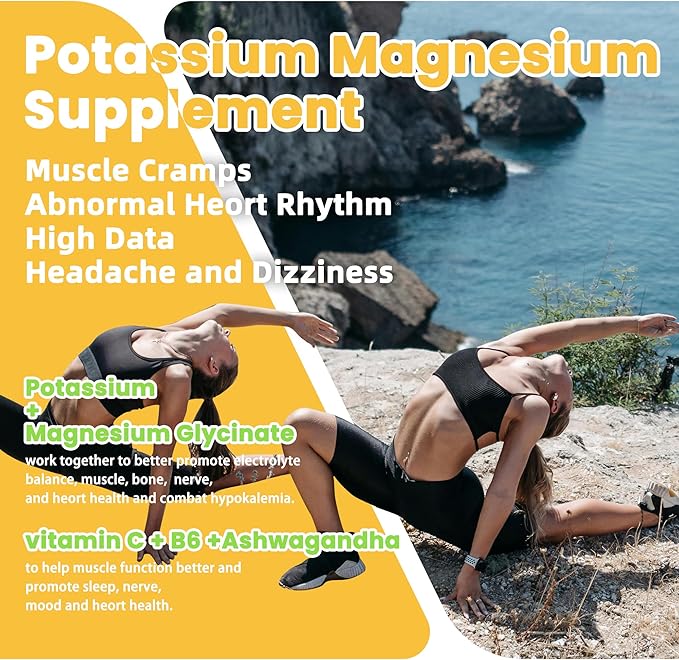 Potassium Magnesium Gummies,Potassium Supplement w/Ashwagandha,High Absorption Magnesium Glycinate,B6,D3,Potassium Citrate for Leg Cramps,Muscle,Electroyte for Adults Kids,Sugar-Free, 60 Gummies
