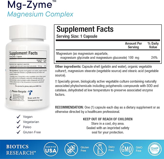 Biotics Research Mg-Zyme™ Triple Magnesium Complex 100 mg- Magnesium Glycinate, Gluconate, Aspartate Chelated Supplement, High Absorption, Support Sleep, Energy, Cardiovascular Health–100 Capsules