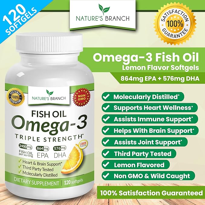 Best Triple Strength Omega 3 Fish Oil Pills 2400mg | 120 Capsules | Burpless High Potency Lemon Flavor | 864mg EPA 576mg DHA Ultra Pure Liquid Softgels | Brain Joints Eyes Hair Heart Health Supplement