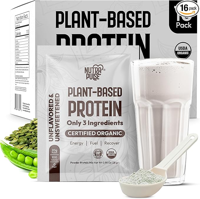 Organic Vegan Protein Powder Sample Pack - Plant-Based Protein, Gluten-Free, Non GMO, 20g Protein Per Serving, Great for Smoothies & Shakes (Unflavored, Pack of 16)