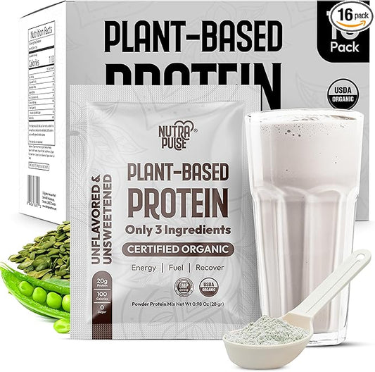Organic Vegan Protein Powder Sample Pack - Plant-Based Protein, Gluten-Free, Non GMO, 20g Protein Per Serving, Great for Smoothies & Shakes (Unflavored, Pack of 16)