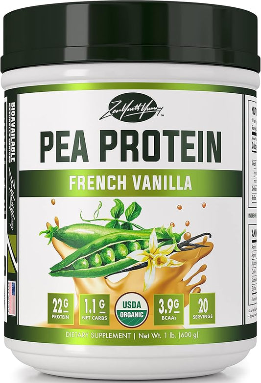zyy Vanilla Pea Protein Powder – Organic Plant-Based Vegan Protein Shake, 20g Protein, Gluten-Free, Dairy-Free, No Sugar, Non-GMO, BCAAs – French Vanilla Flavor, Easy to Digest