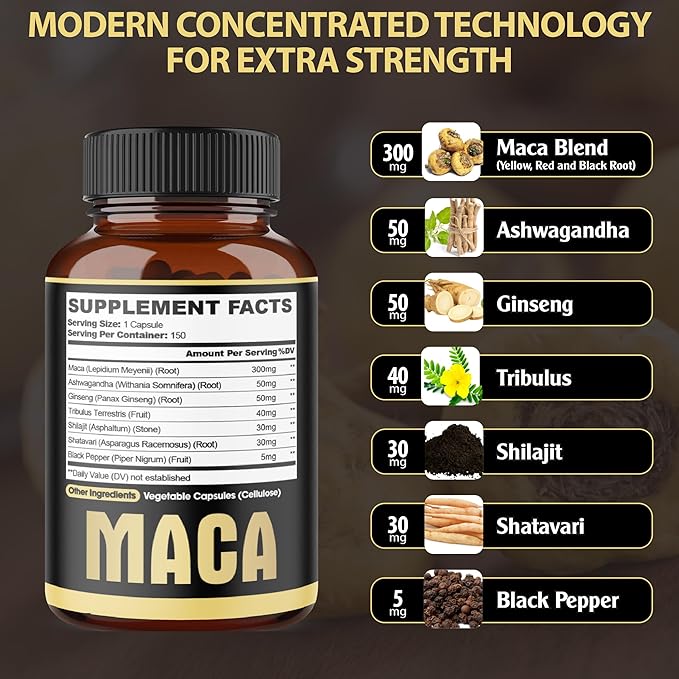 7in1 Premium Maca Root Capsules - with Ashwagandha, Ginseng, Tribulus, Shilajit, Shatavari & Black Pepper - Natural Energy, Performance & Mood Support - 150 Counts for 5 Months