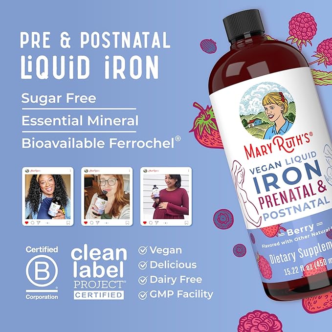 MaryRuth Organics | Liquid Iron Supplement Prenatal & Postnatal for Pregnant & Lactating | Iron Deficiency | Immune Support | Sugar/Gluten Free | Vegan | Non-GMO | 15.22 Fl Oz