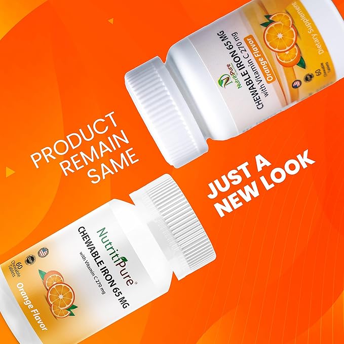 Chewable Iron 65 mg with Vitamin C 270 mg (for Women/Men) |60 Days Supply | - Orange Flavor 60 Count