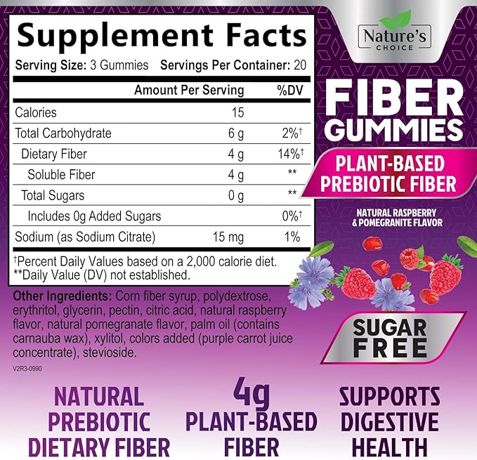 Sugar Free Fiber Gummies for Adults, Daily Prebiotic Natural Soluble Fiber Supplement & Digestive Health Support - Regularity & Digestion Health Support, Plant Based Berry Flavor - 60 Gummies