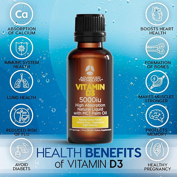 Advanced Trichology Vegetarian Liquid Vitamin D3-5000 iu High Absorption - 1000 iu per Drop - 6 Month Supply - Gluten Free 365 VIT D