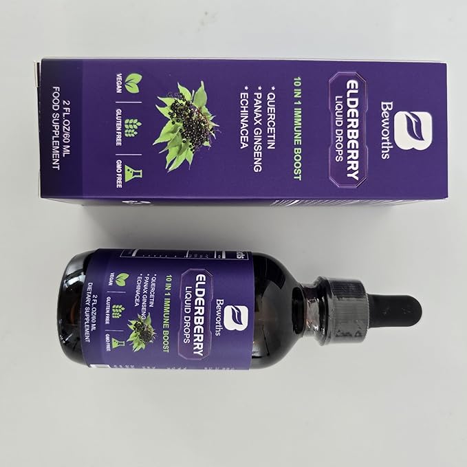 Elderberry Syrup | Quercetin Black Elderberry Liquid Drop with Quercetin, Panax Ginseng for Immune Support | Sambucus Elderberry with Vitamin C and Zinc, D3 | Vegan | Non-GMO | Original