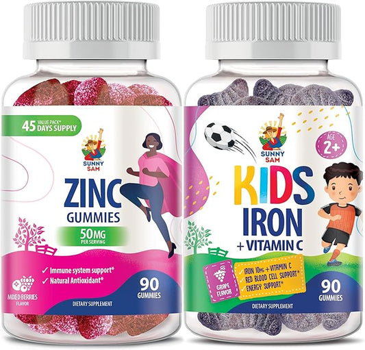 SUNNY SAM Iron Gummies for Kids & Zinc Gummies for Adults - Zinc Chewable Gummy for Immune Support - Powerful Natural Antioxidant Non-GMO Supplement for Children Men Woman Adults