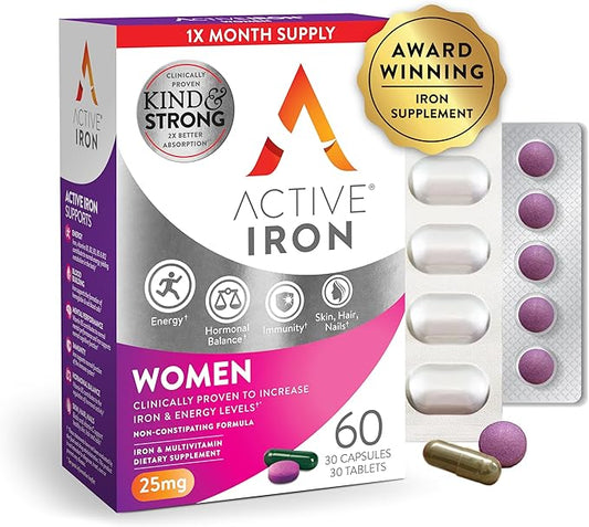 Active Iron Supplement for Women, Non-Constipating, 30 Active Iron Ferrous Sulphate Capsules with 30 Women's Multivitamin Tablets, Clinically Proven to Increase Iron & Energy Levels
