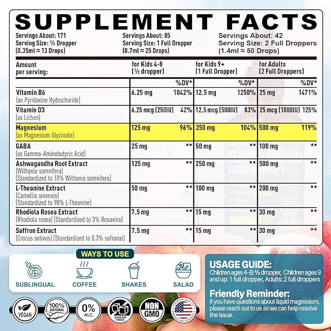 Magnesium Glycinate Liquid Drops for Kids, Adults with GABA, Ashwagandha, L-Theanine, Vitamin D3, B6, Saffron for Brain Calm, Muscle Relaxation, Mood, Zzz- Calm Magnesium Supplement, Vegan, 2 Pack