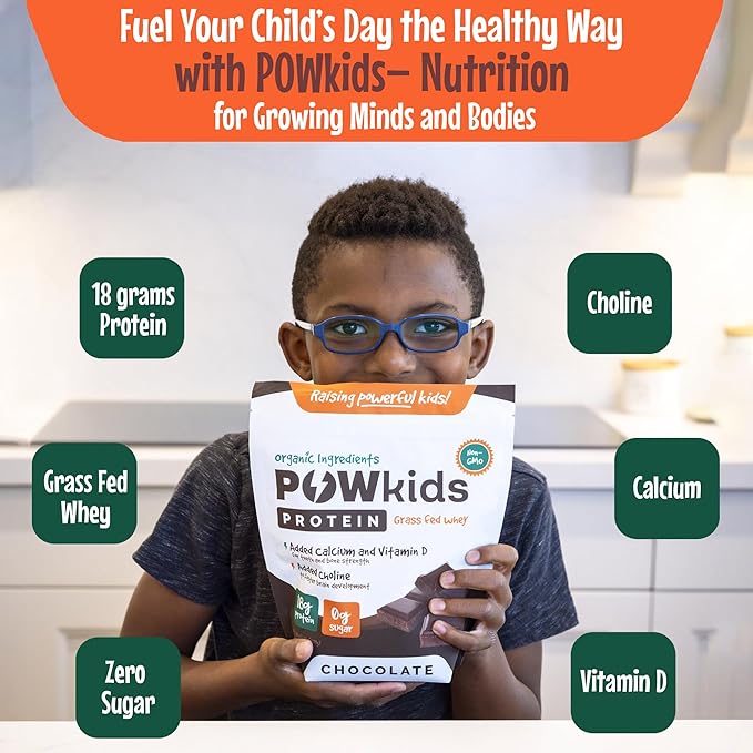 Kids Protein Powder – Zero Sugar, 18g Grass-Fed Whey Proteins, Organic Ingredients – Calcium & Choline for Bone Strength & Brain Development, Teens Shake, 15-45 Servings – Chocolate