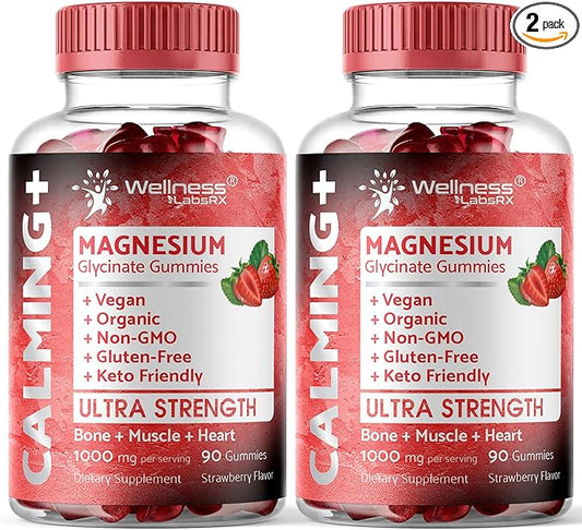 Magnesium Glycinate Gummies, 1000 mg - Magnesium Supplement to Support Relaxation, Heart Health - Chewable Calm Magnesio Gummies for Adults, Glicinato De Magnesio - Strawberry Flavor - Pack of 2