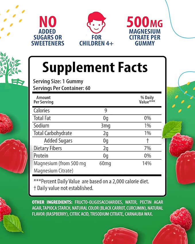 Sugar-Free Magnesium Gummies for Kids & Teens - 500mg Calm Magnesium Citrate Gummies - Chewable Magnesium Gummy Supplement for Sleep, Mood & Muscle Suppor