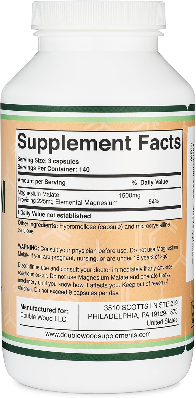Magnesium Malate Capsules (420 Count) - 1,500mg Per Serving (Magnesium Bonded to Malic Acid), Third Party Tested, Vegan Friendly, Gluten Free by Double Wood Supplements
