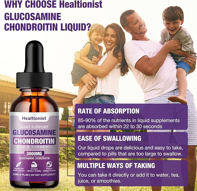 1 Pack Glucosamine Chondroitin MSM Liquid Drops, Extra Strength Joint Support Supplement for Adults Men & Women, Quercetin Boswelia, Bromelain, Antioxidant Immune Support (2 Fl oz)