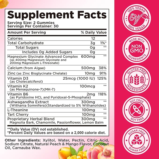 Magnesium Glycinate Gummies 600mg, Magnesium L-Threonate Supplement for Kids & Adults - Vitamin D3 K2 Zinc for Sleep Calm Muscle Relaxation Cognitive - Sugar Free Peach & Mango Center-Filled Gummies