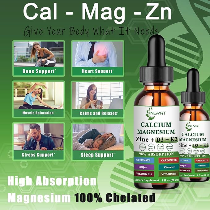 Calcium Magnesium Zinc Liquid Drops, Liquid Magnesium Glycinate 500mg Calcium 1000mg with Vitamin D3,K2,B6,B12,Coq10,6X Stronger Than Gummies Capsules (2 Pack)
